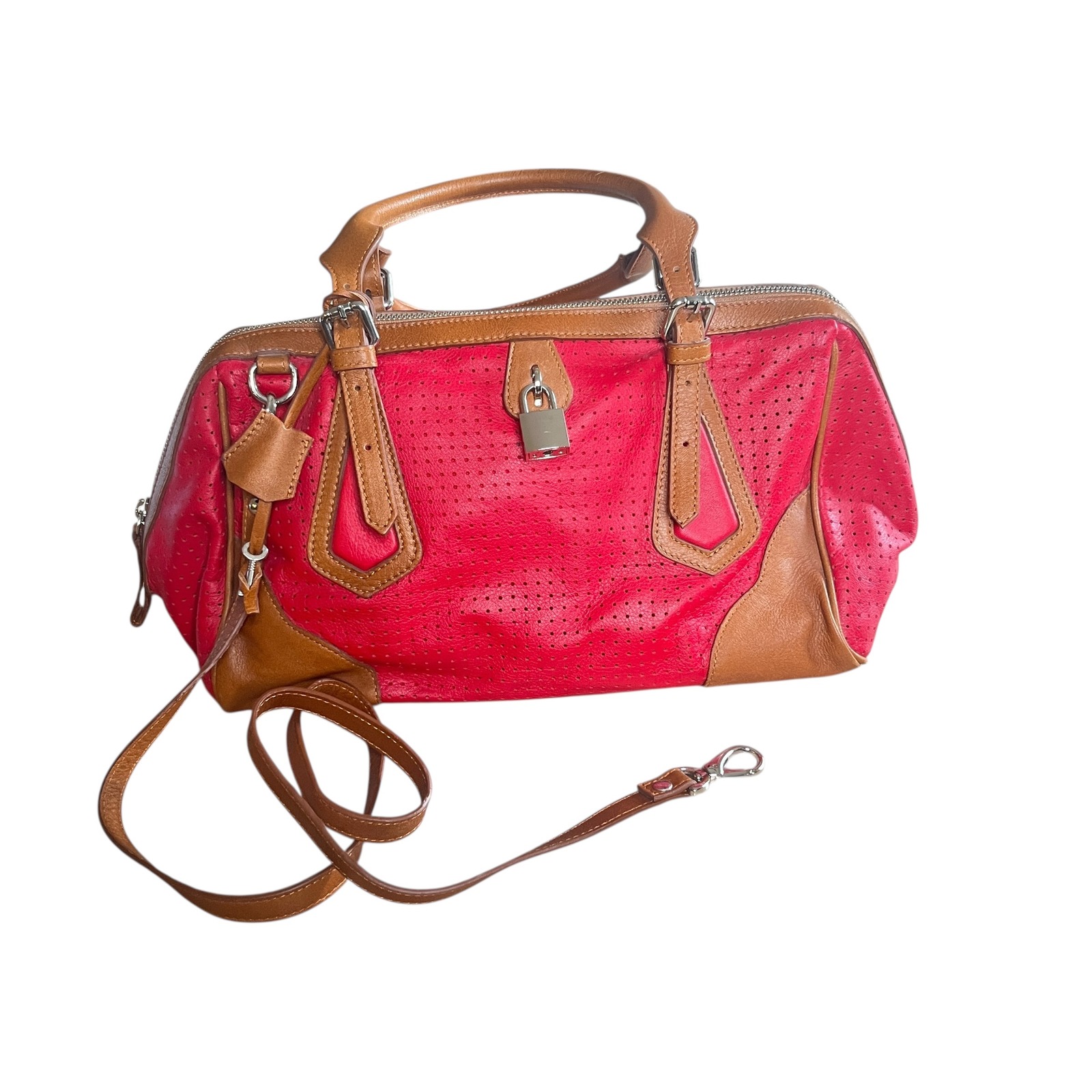 Sundance Red Perforated Leather Satchel Handbag Purse Shoulder Strap Lock Italy